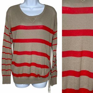 DKNY Wms Sz M? Striped Knit Blouse Beige and Red Side Tie Cinch Long Sleeve